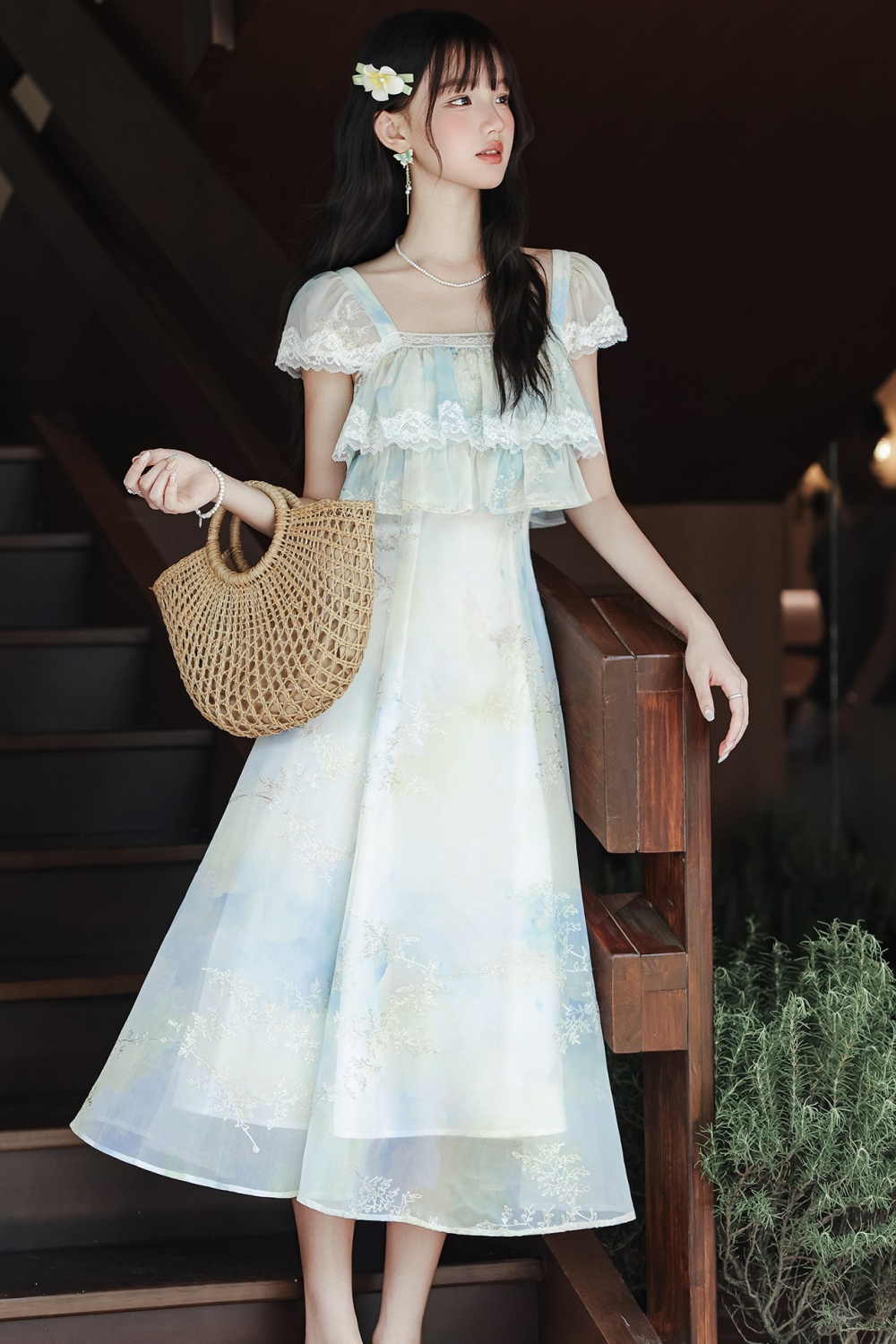 Sweet tender embroidery slim France style printing dress