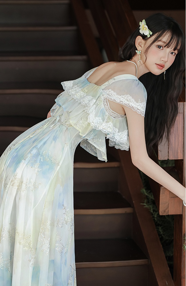 Sweet tender embroidery slim France style printing dress