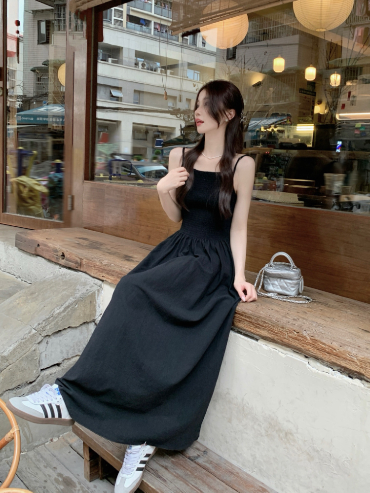 Sleeveless fold dress simple France style long dress