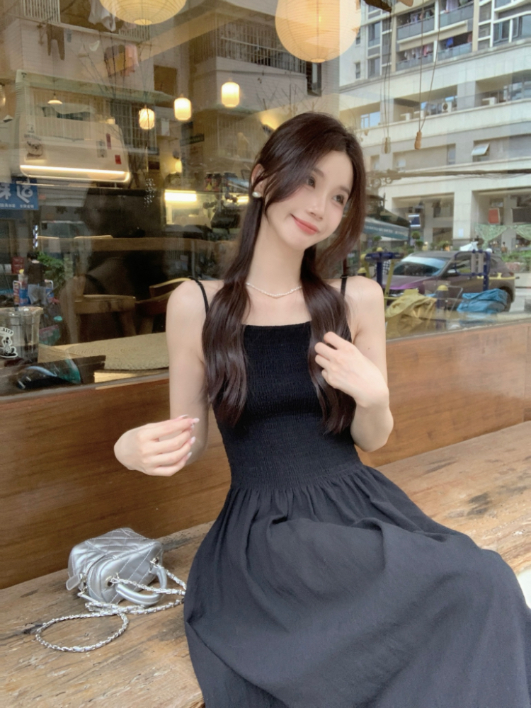 Sleeveless fold dress simple France style long dress