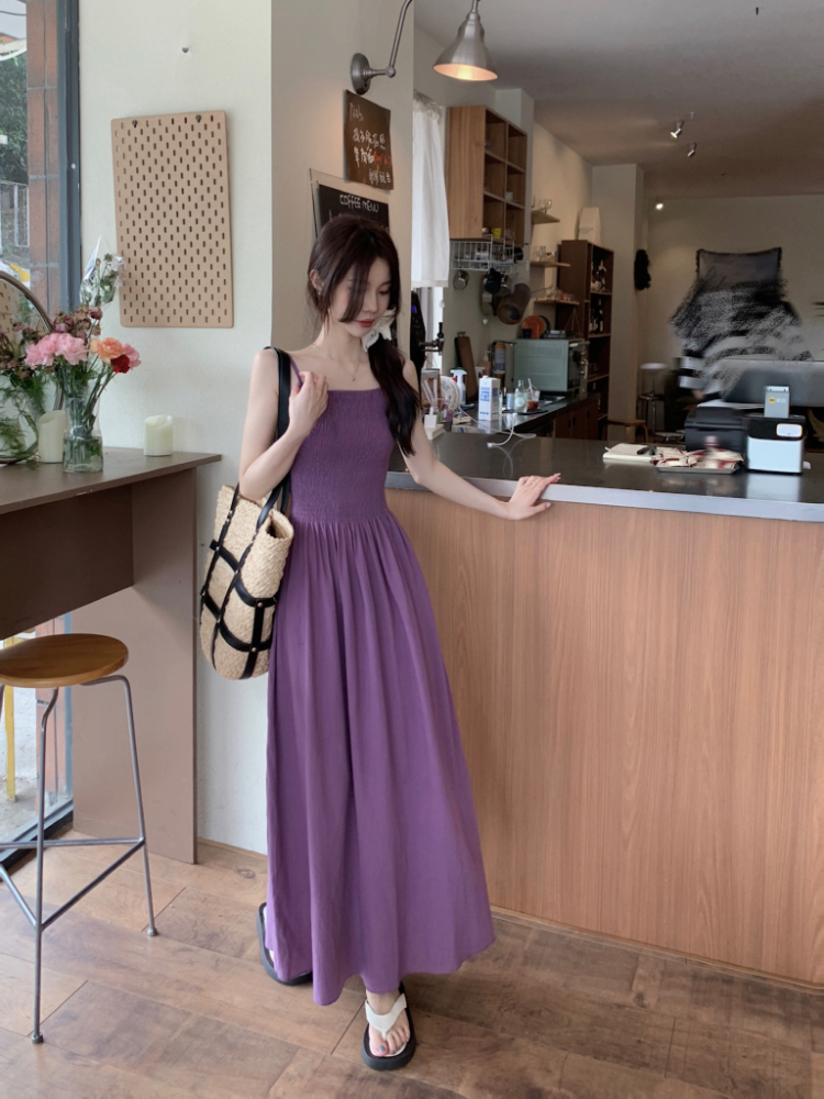 Sleeveless fold dress simple France style long dress