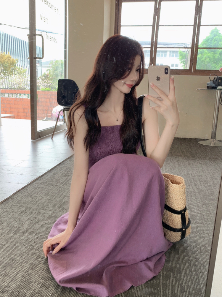 Sleeveless fold dress simple France style long dress