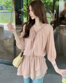 Pinched waist pink tops lotus leaf edges shirt for women
