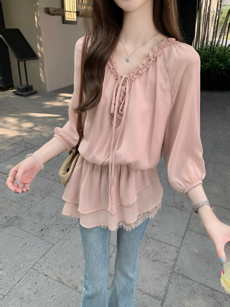 Pinched waist pink tops lotus leaf edges shirt for women