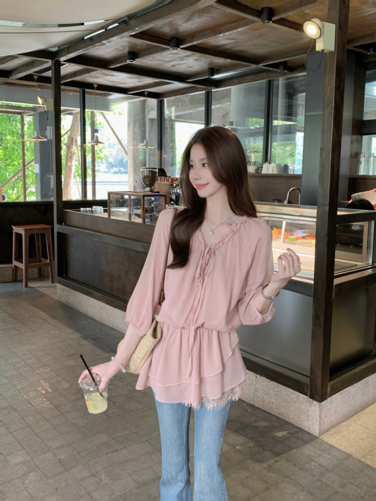Pinched waist pink tops lotus leaf edges shirt for women