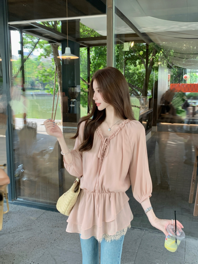 Pinched waist pink tops lotus leaf edges shirt for women