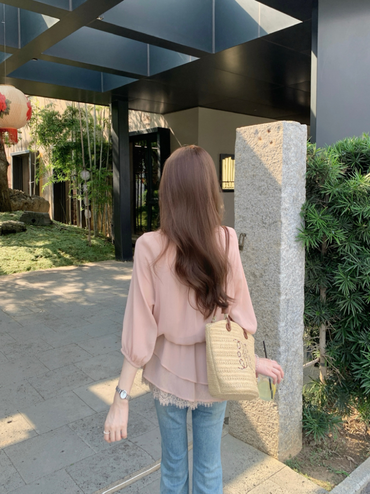 Pinched waist pink tops lotus leaf edges shirt for women