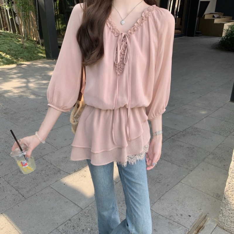 Pinched waist pink tops lotus leaf edges shirt for women