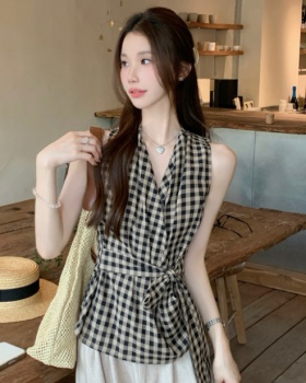 Cross bandage retro vest slim pinched waist tops for women