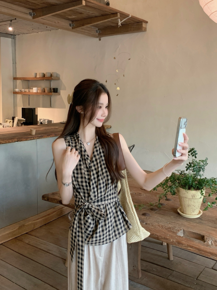 Cross bandage retro vest slim pinched waist tops for women