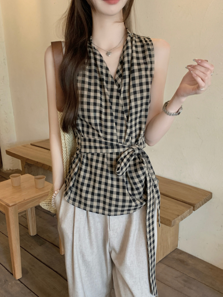 Cross bandage retro vest slim pinched waist tops for women