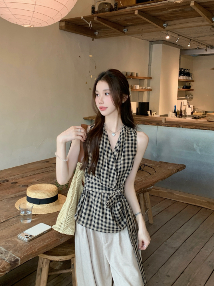 Cross bandage retro vest slim pinched waist tops for women