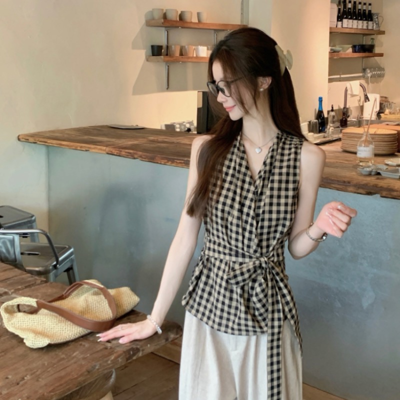 Cross bandage retro vest slim pinched waist tops for women