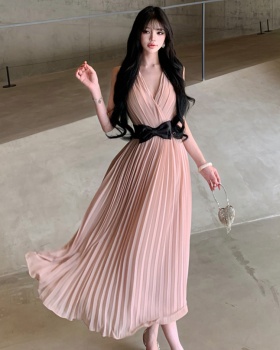 Slim crimp V-neck belt bow pinched waist dress for women