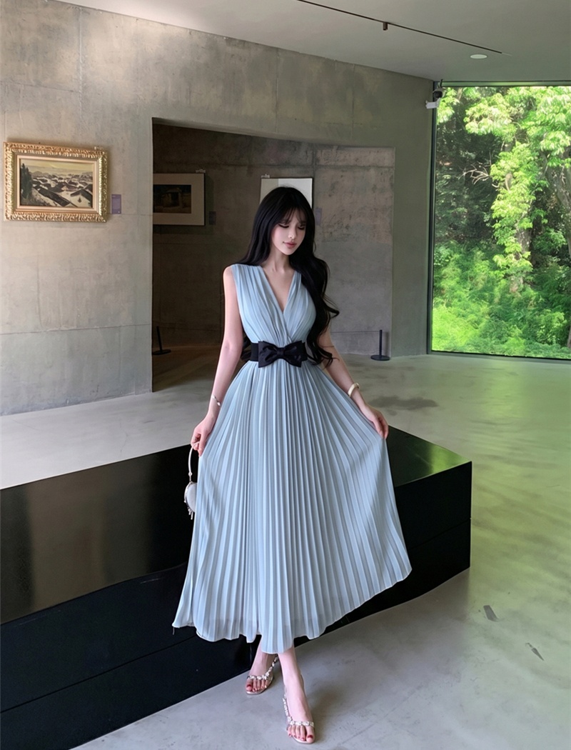 Slim crimp V-neck belt bow pinched waist dress for women