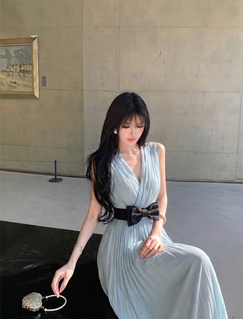Slim crimp V-neck belt bow pinched waist dress for women
