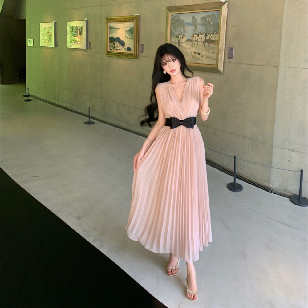 Slim crimp V-neck belt bow pinched waist dress for women