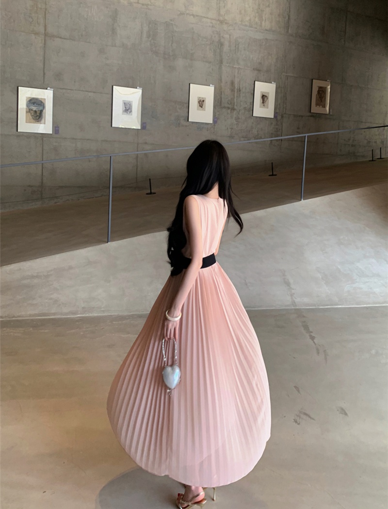 Slim crimp V-neck belt bow pinched waist dress for women