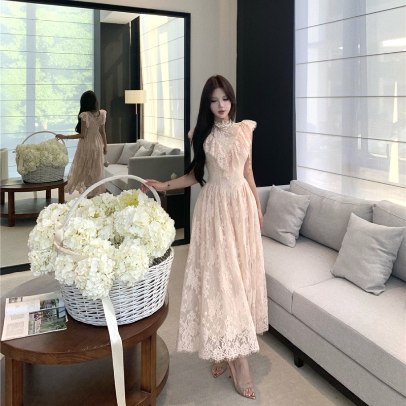 Lace sexy pinched waist dress vacation slim long dress for women