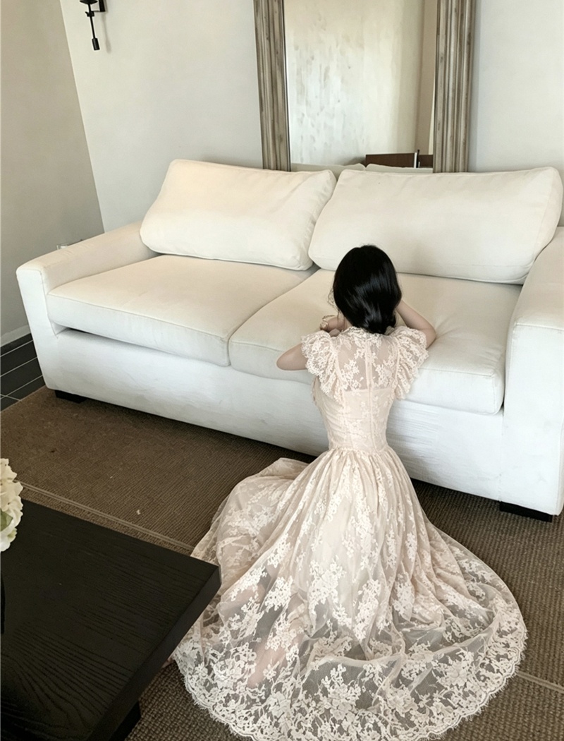 Lace sexy pinched waist dress vacation slim long dress for women
