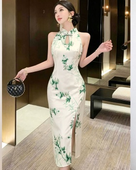 Chinese style long cheongsam printing halter dress