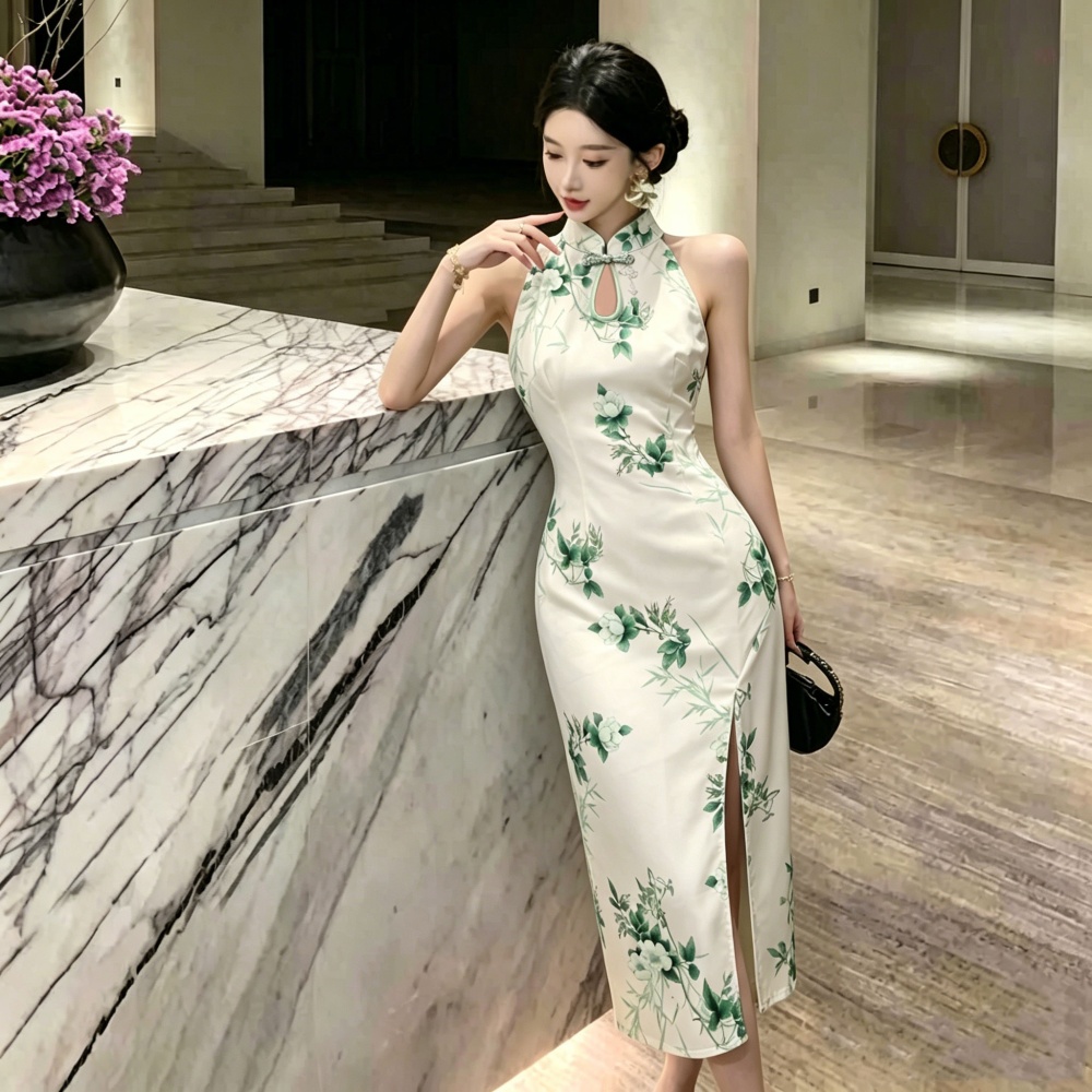 Chinese style long cheongsam printing halter dress