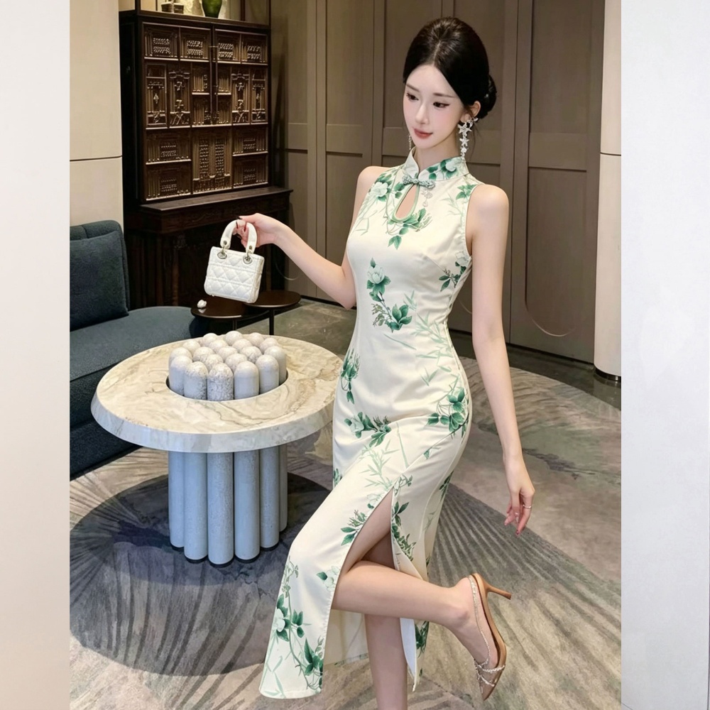 Chinese style long cheongsam printing halter dress