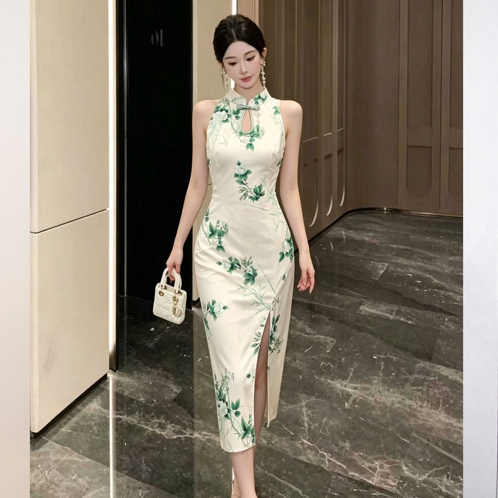 Chinese style long cheongsam printing halter dress