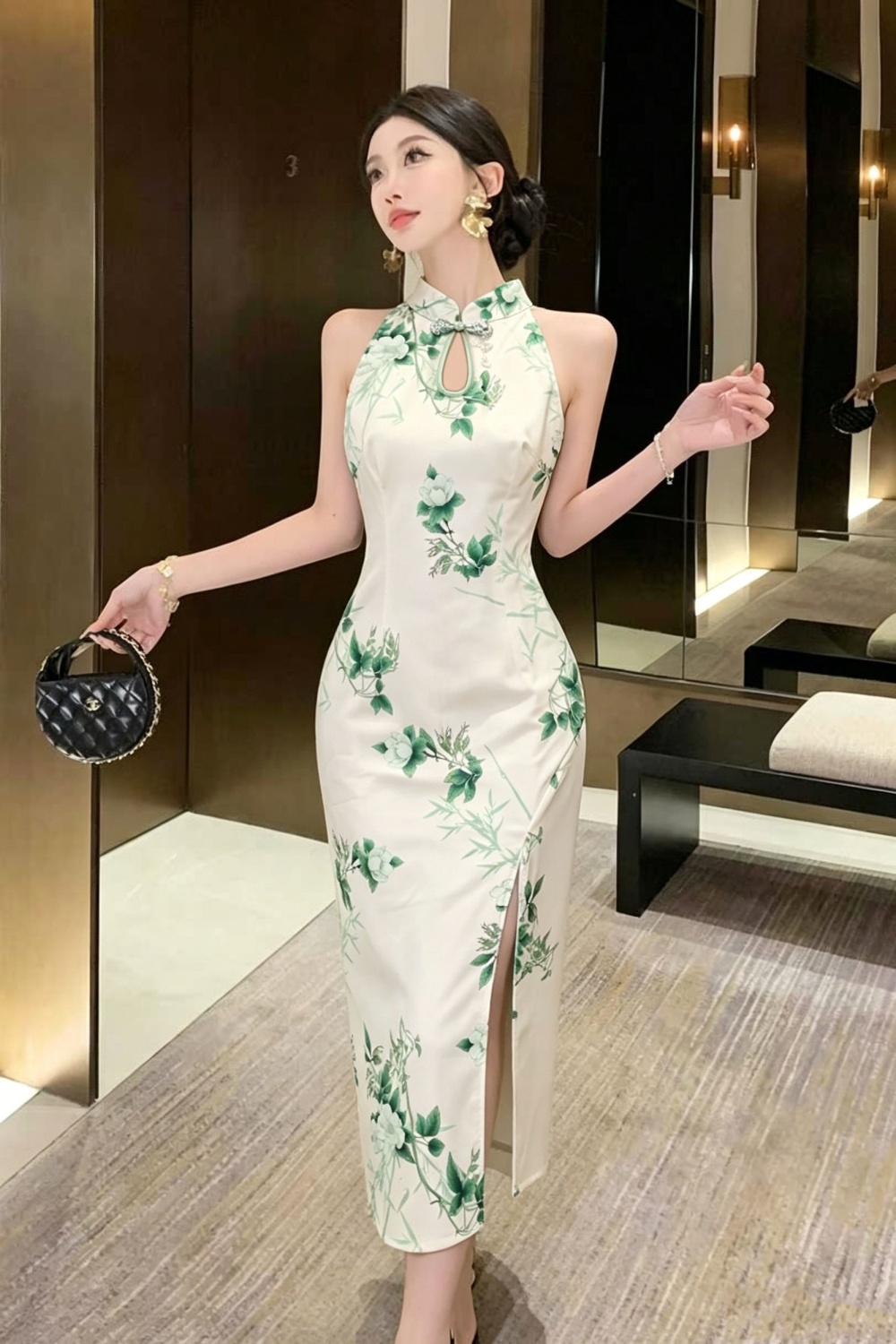 Chinese style long cheongsam printing halter dress