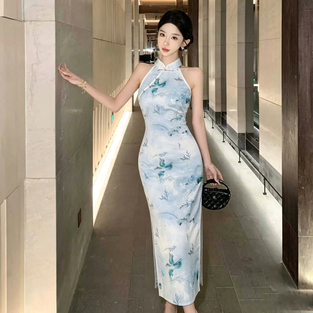Halter Chinese style cheongsam retro light long dress