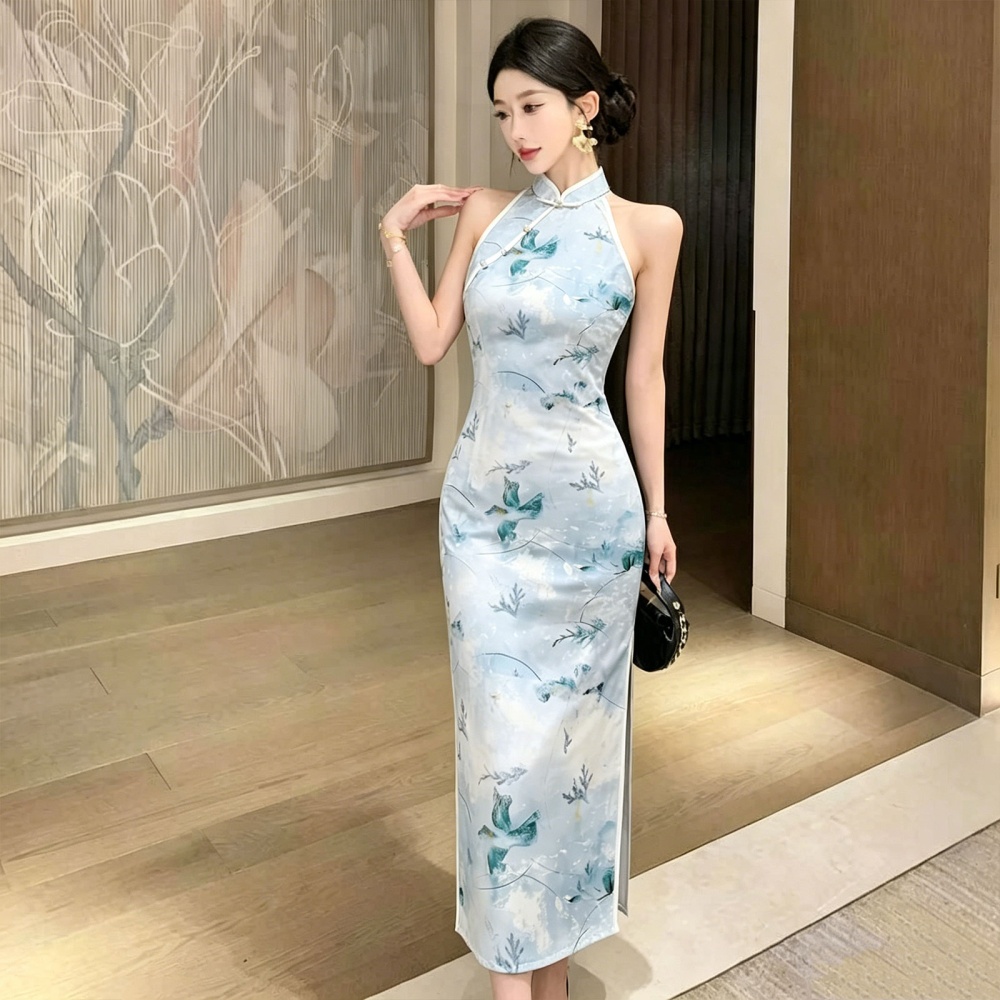 Halter Chinese style cheongsam retro light long dress