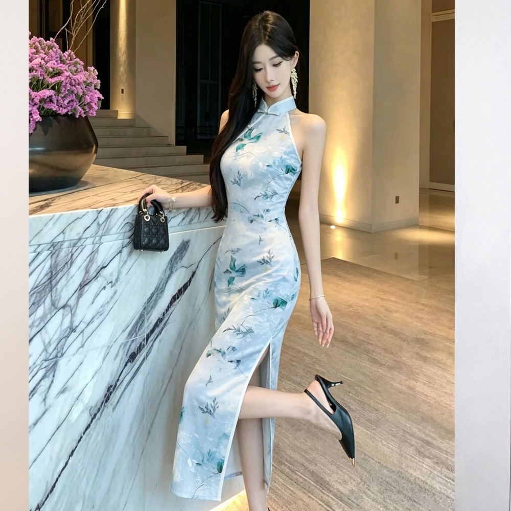 Halter Chinese style cheongsam retro light long dress
