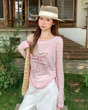 Long sleeve seaside smock stripe sunscreen tops for women