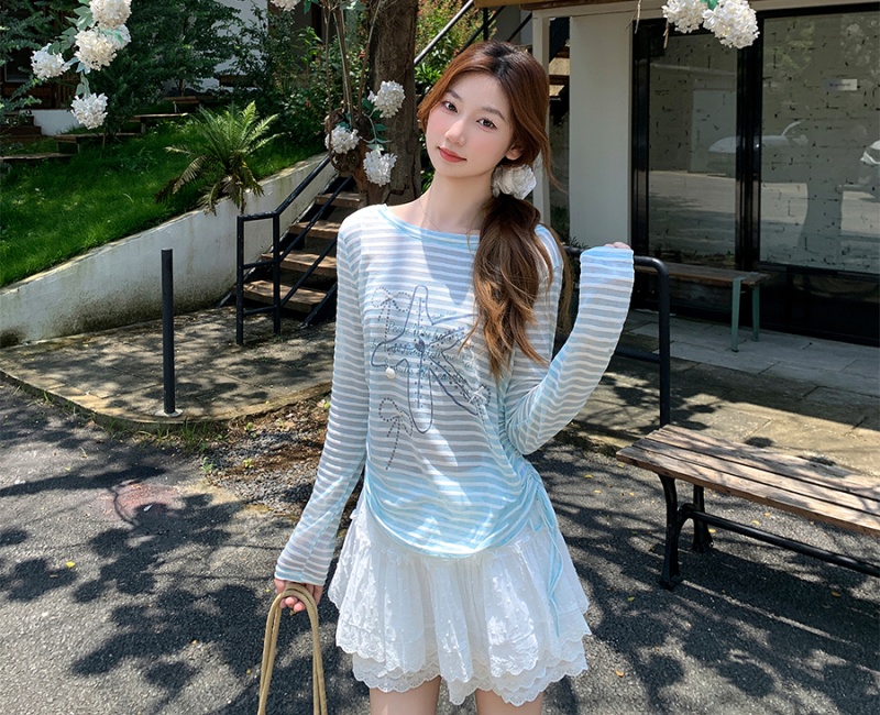 Long sleeve seaside smock stripe sunscreen tops for women