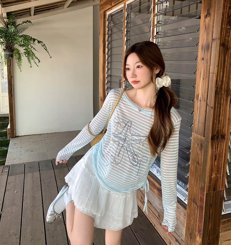 Long sleeve seaside smock stripe sunscreen tops for women