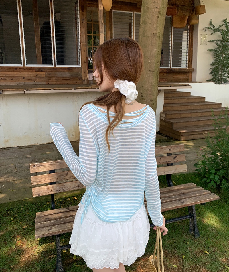 Long sleeve seaside smock stripe sunscreen tops for women