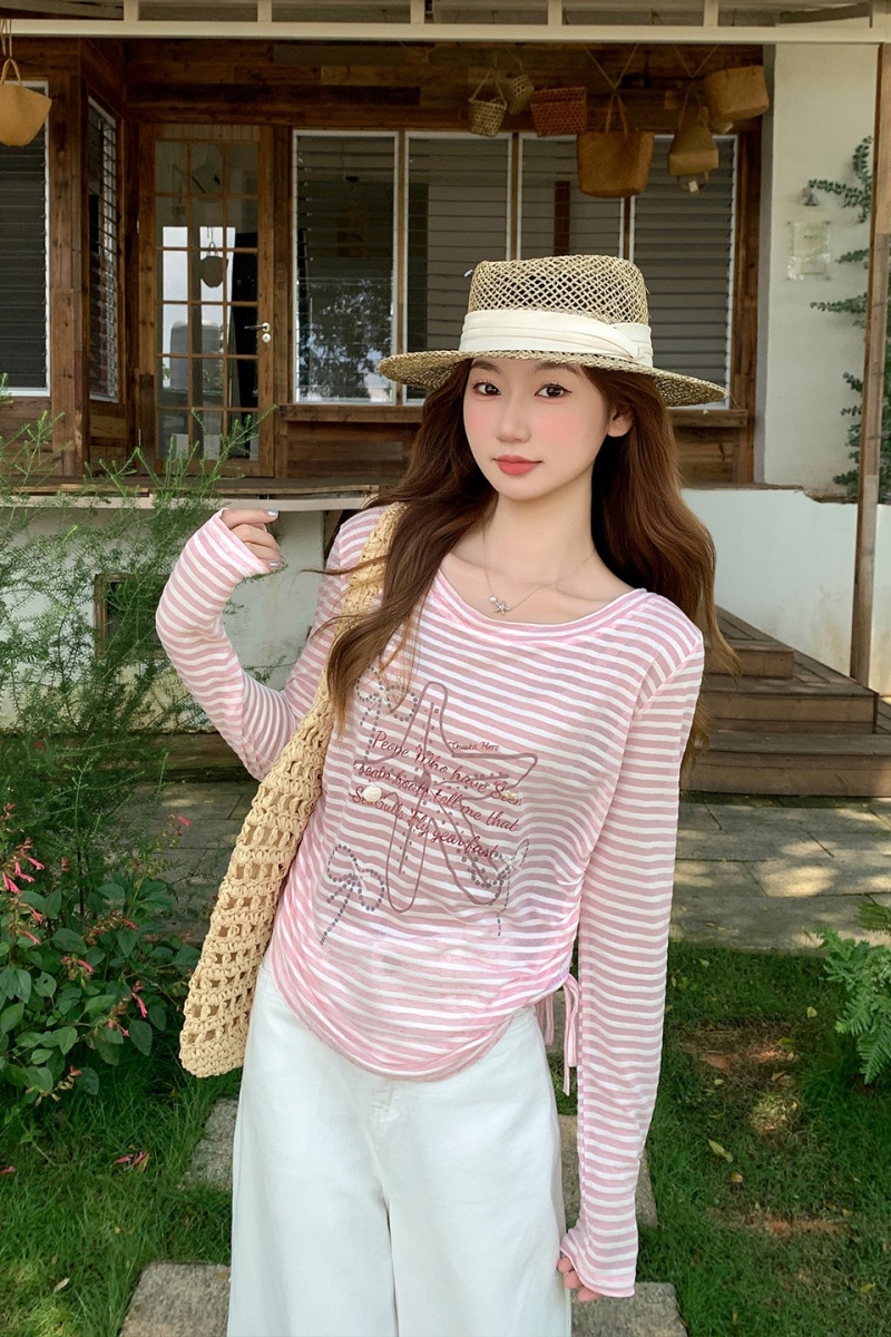Long sleeve seaside smock stripe sunscreen tops for women