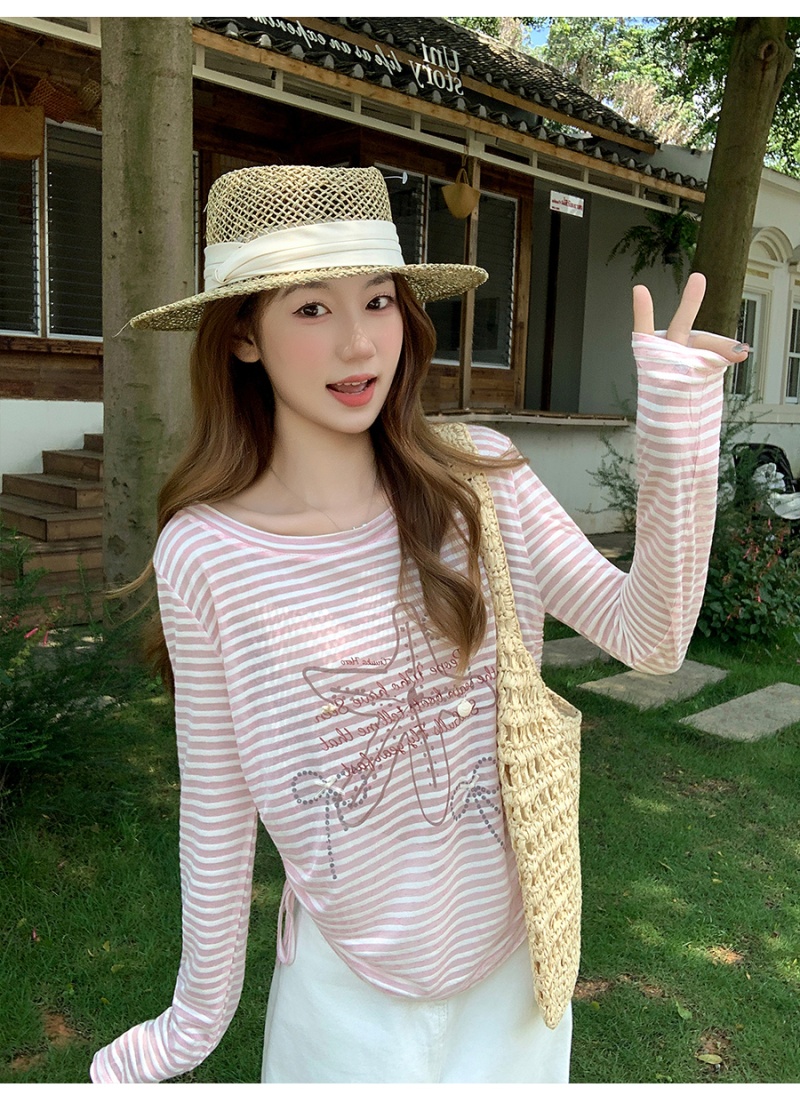 Long sleeve seaside smock stripe sunscreen tops for women