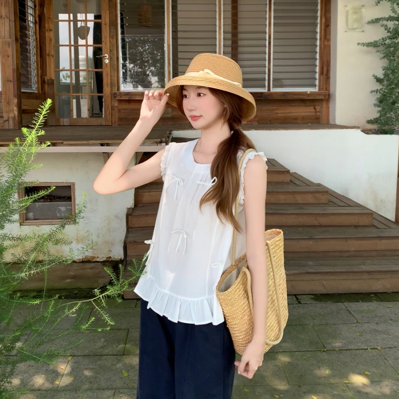 Round neck loose shirt bow sleeveless tops for women