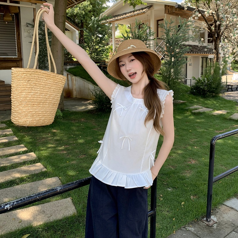 Round neck loose shirt bow sleeveless tops for women