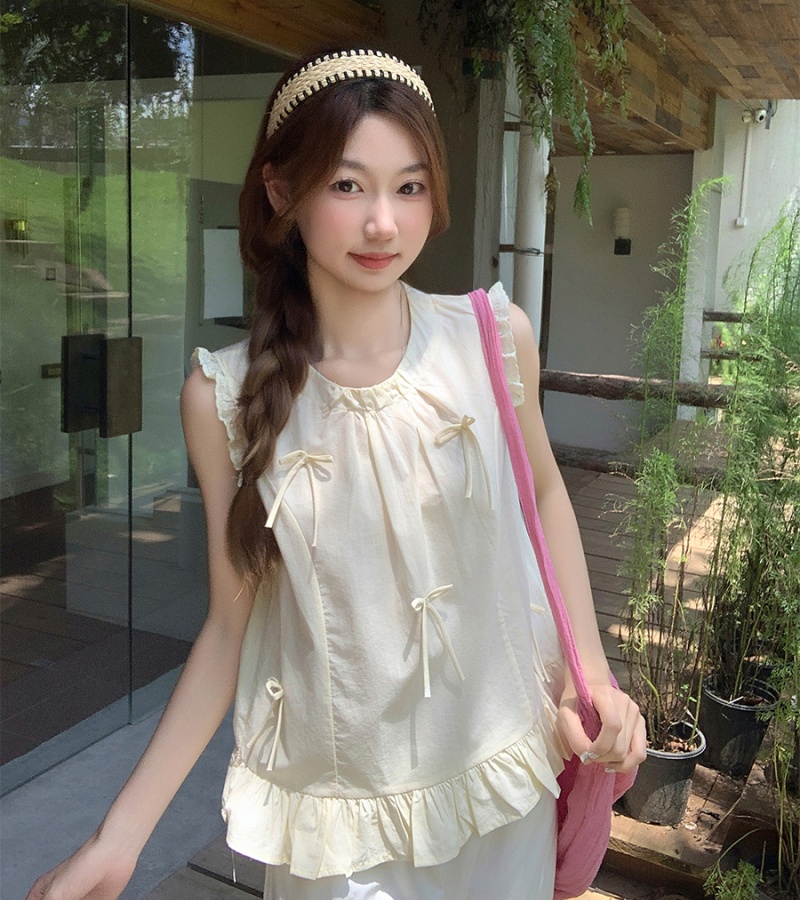 Round neck loose shirt bow sleeveless tops for women