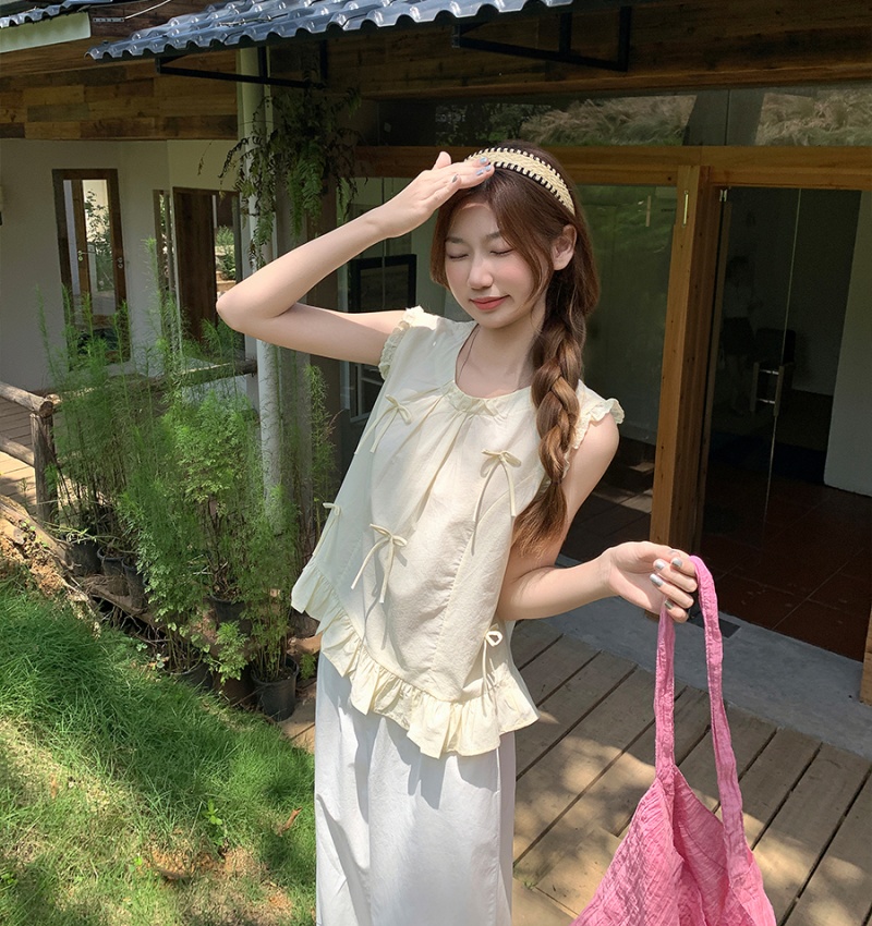 Round neck loose shirt bow sleeveless tops for women
