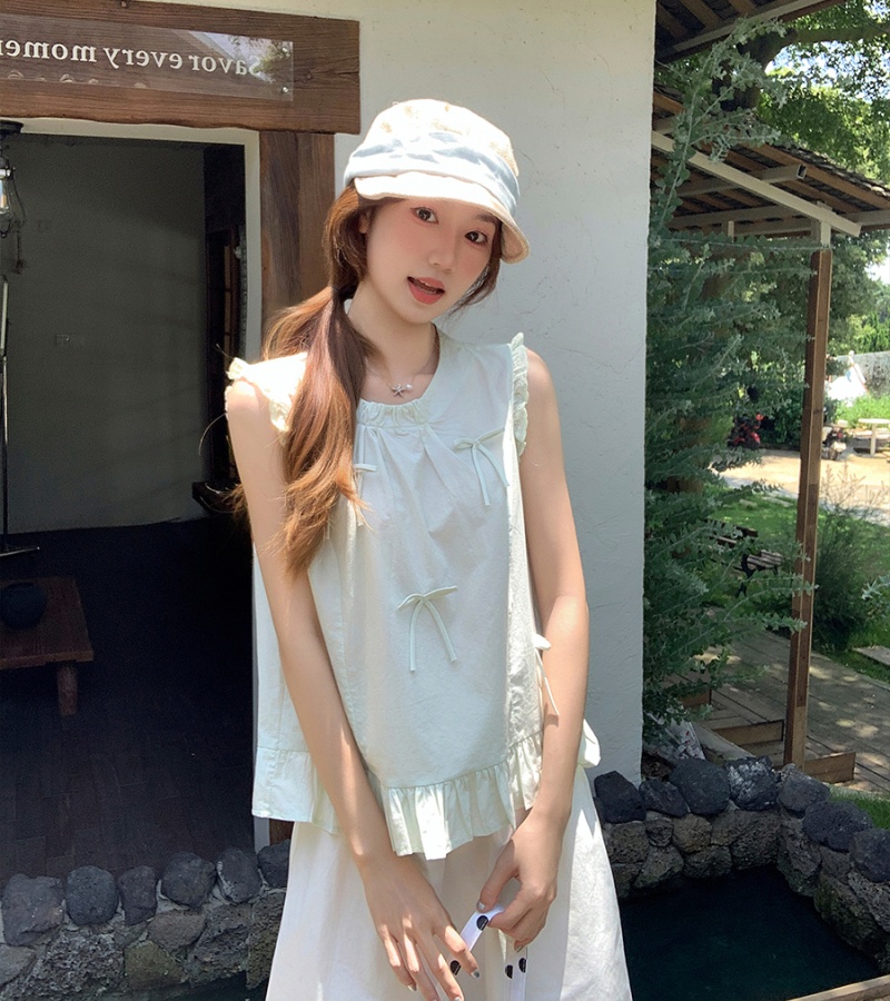 Round neck loose shirt bow sleeveless tops for women