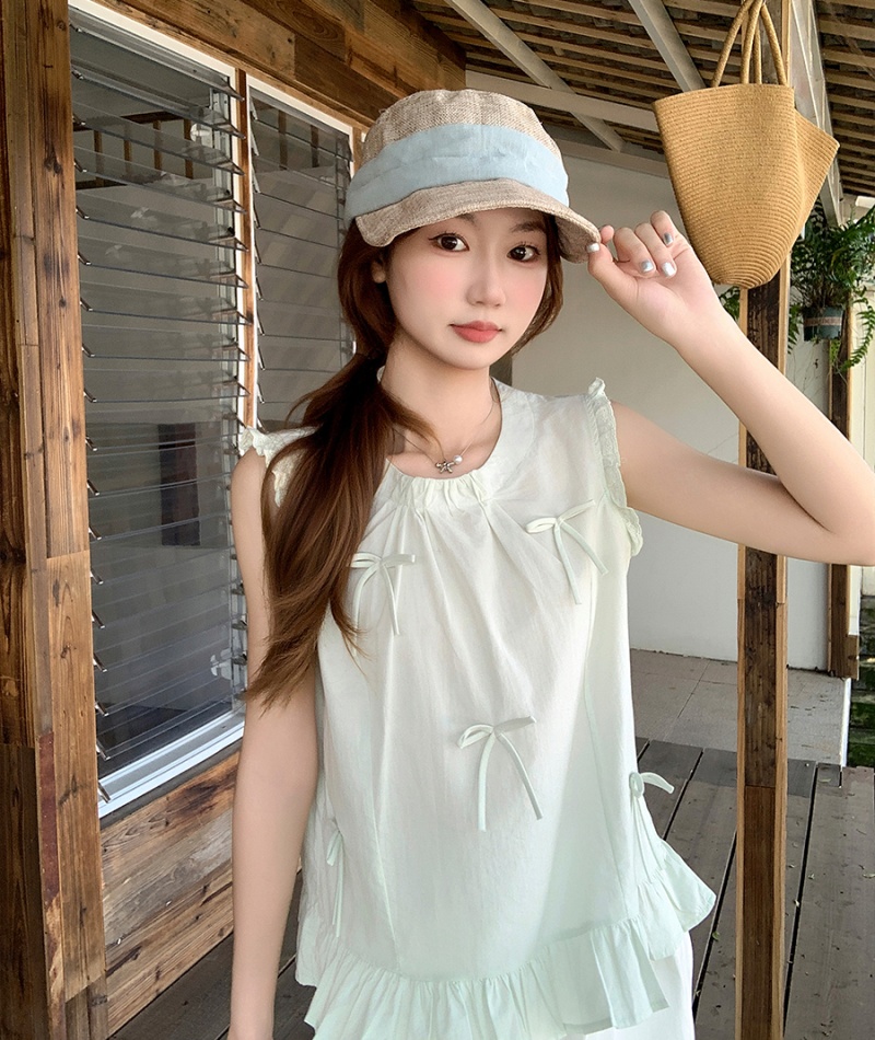 Round neck loose shirt bow sleeveless tops for women