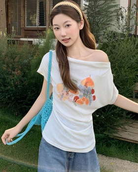 Printing small shirt oblique collar tops for women