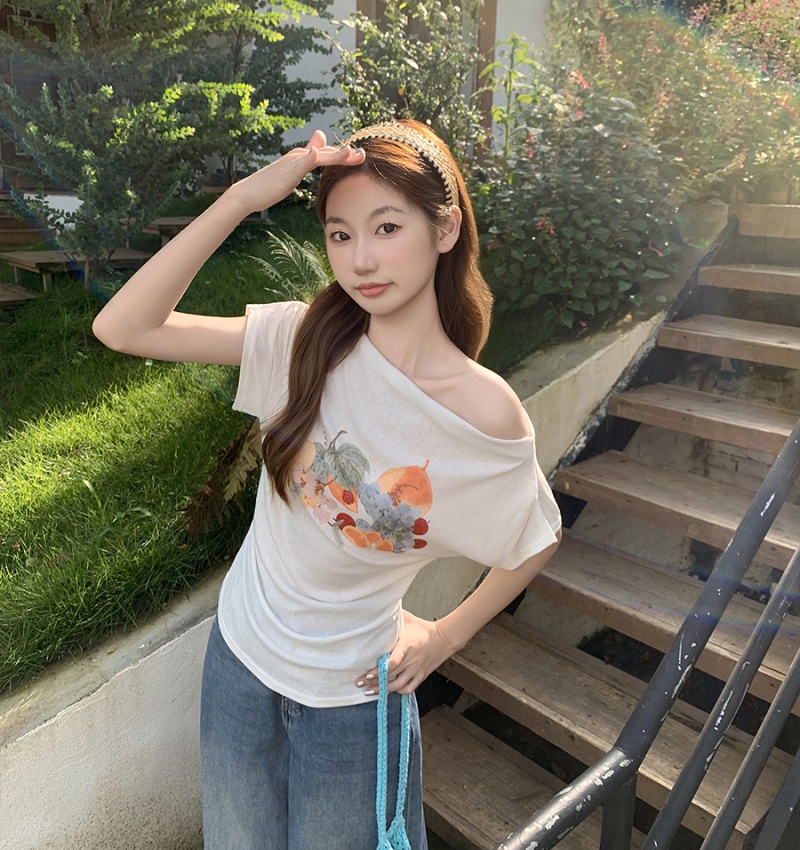 Printing small shirt oblique collar tops for women