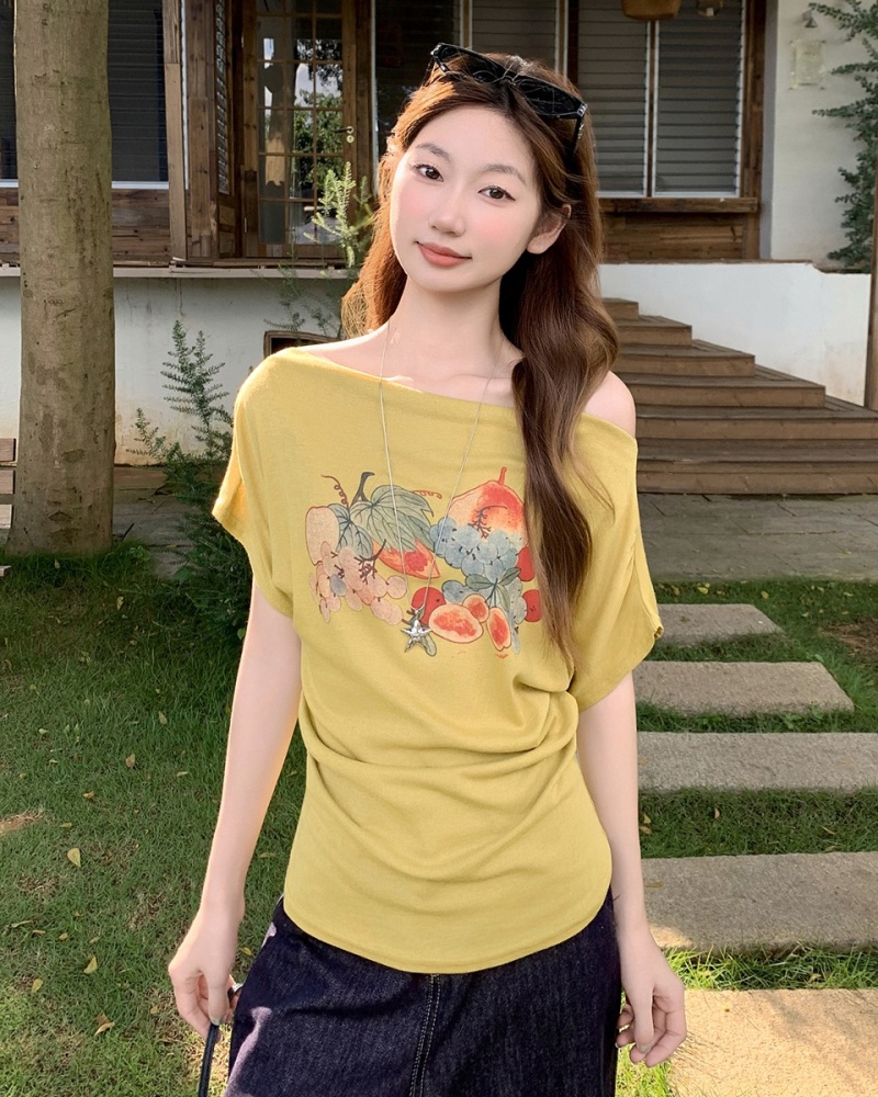 Printing small shirt oblique collar tops for women
