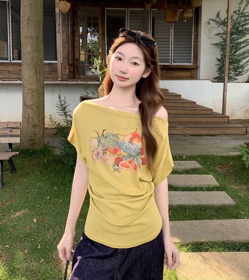 Printing small shirt oblique collar tops for women