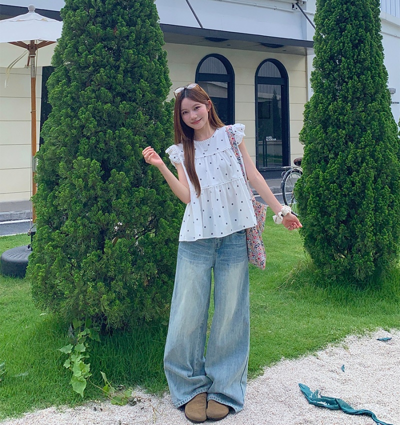 Polka dot round neck doll shirt Korean style slim tops