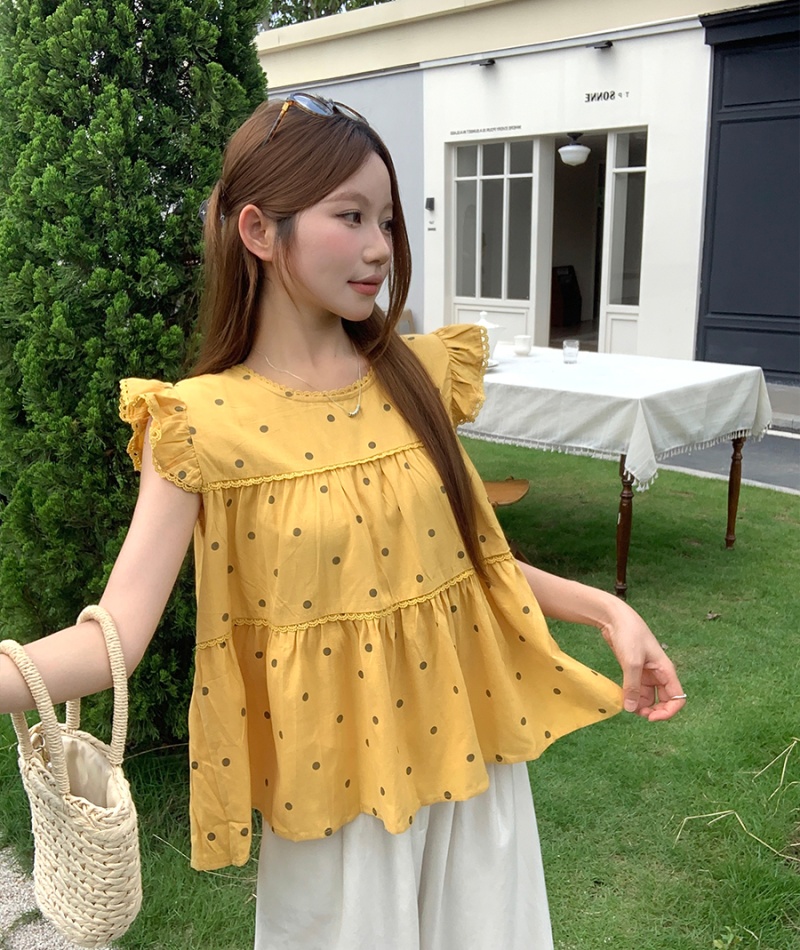 Polka dot round neck doll shirt Korean style slim tops